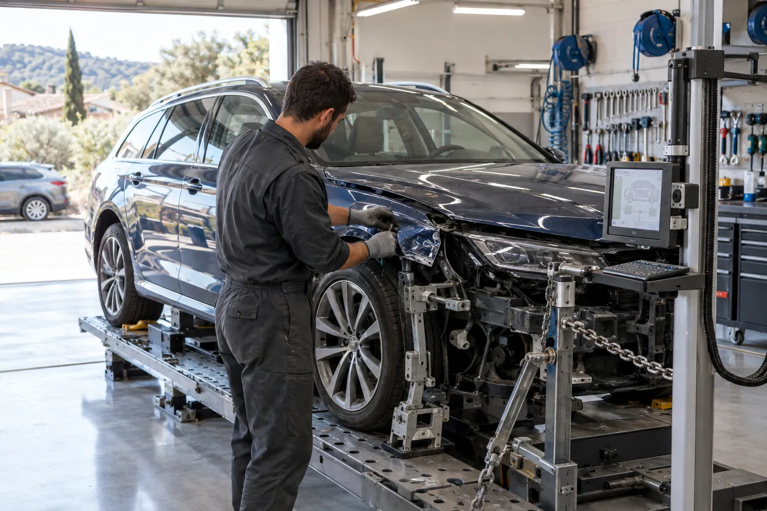 Carrossier au travail sur une berline accidentée posée sur le marbre de redressage, dans l'atelier