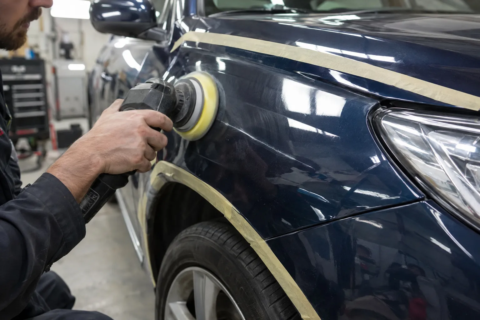 Un carrossier polit l’aile d’une voiture bleu foncé avec une polisseuse à disque jaune, bandes de masquage autour de la zone