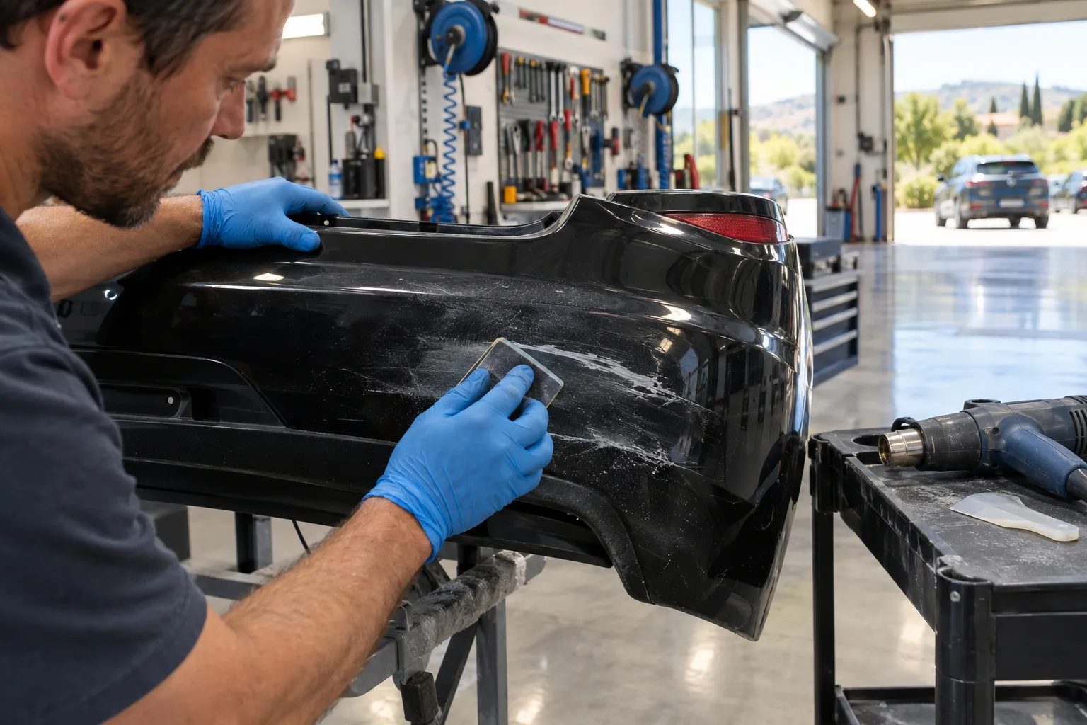 Un carrossier ponce une rayure profonde sur un pare-chocs arrière noir en plastique, avant de le rénover