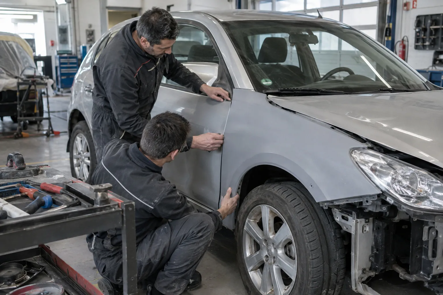 Deux carrossiers ajustent une aile neuve gris apprêt sur une citadine argentée en vérifiant l’écart avec la portière