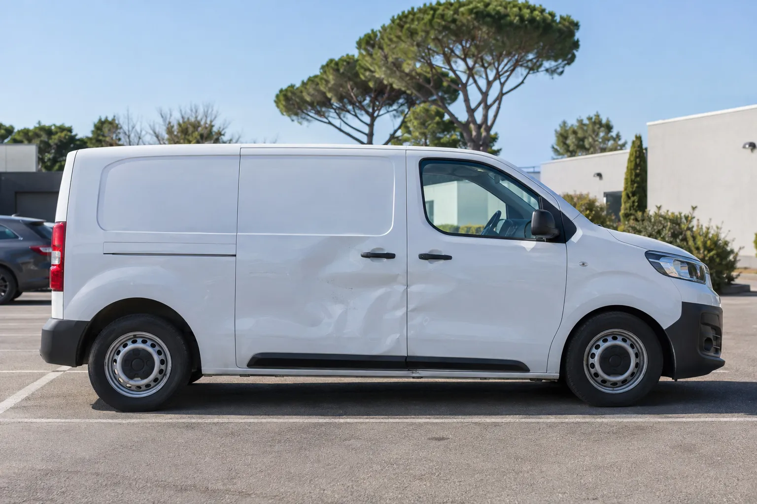 Camionnette blanche d'artisan avec une bosse latérale, sur un parking de zone d'activité.