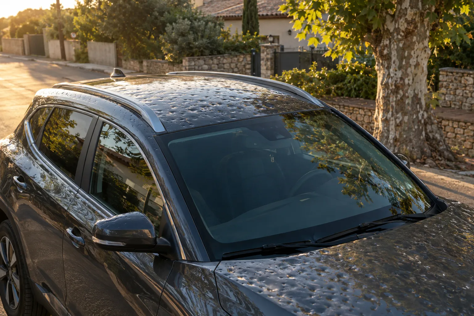 Toit et capot d'un SUV compact anthracite couverts de multiples petits creux de grêle vus en lumière rasante, dans une rue résidentielle.